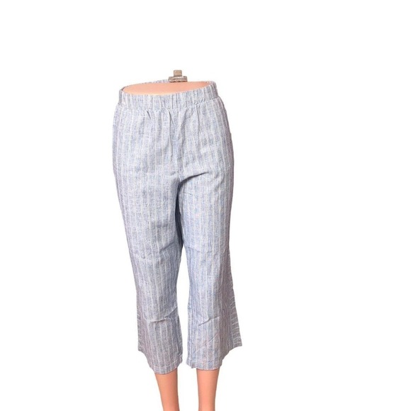 Caffe Marrakesh Pants Women’s Size L Blue White Linen Capri Cropped Boho Beach - Picture 2 of 8